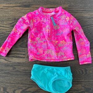 ruffle butts 2T NWOT Kids Pink and Teal Two-Piece Swim  - Long Sleeve Rash Guard